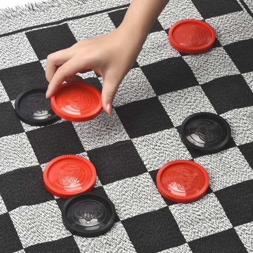 Giant Checkers Board Game Set,3 in 1 Jumbo Tic Tac Toe Game,Classic Checkers Board Game for Kids & Adults,Large Checkers Rug Game Mat,Indoor Outdoor Game for Family Camping Party