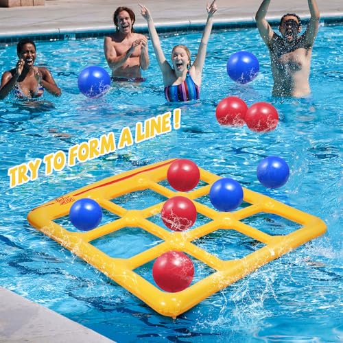 TicTac Shot Pool Toys Games Set- Tic Tac Toe Inflatable Pool Toy with 10 Balls - for Adults Teens Kids 2-10 Players - color: Yellow