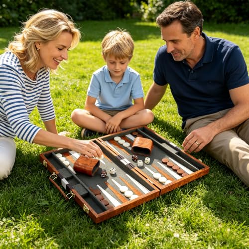 15 Inch Travel Backgammon Set for Adults, Classic Board Game with Premium PU Leather Case, Portable Strategy Backgammon Game Set, Brown - color: Brown