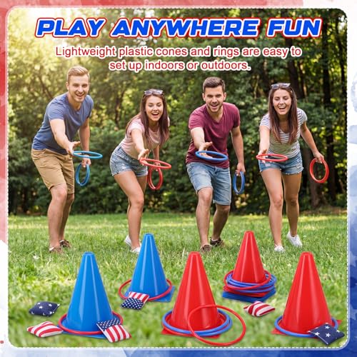 RoundFunny 12set 3 in 1 Independence Day Ring Toss Game Set, Carnival Game Kit with Cones, Rings, Bean Bags & Storage Bag, Includes for DIY Toss Games, Birthday Party, Carnival - style: Independence Day