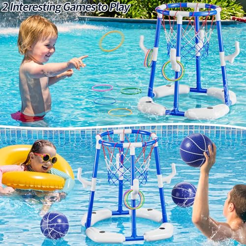 JUKUDAHU Pool Basketball Hoop, Boy Pool Toys for Kids Ages 4-8, 2-in-1 Floating Pool Ring Game with 4 Balls and Pump, Outdoor Swimming Water Play Toy, Summer Water Toys for Kids Adults Age 3-12 - color: Blue