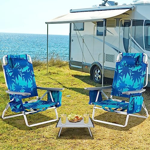 Tangkula Backpack Beach Chair with Table, 5-Position Lay Flat Beach Chairs with Cooler Bag, 2 Cup Holders, Towel Bar, Lightweight Low Folding Beach Chair with Backpack Straps - color: Light Blue, style: 2 Pack with Table