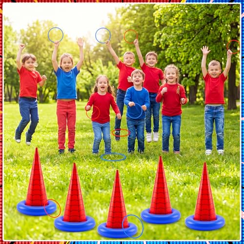 Thenshop 16 Pcs Spider Theme Inflatable Ring Toss Game Set Includes 5 Inflatable Cones 10 Plastic Rings and 1 Pump Spider Birthday Party Toss Game for Indoor Outdoor Lawn Yard Garden Party Supplies