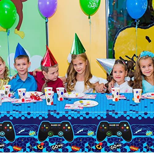 PHOGARY 3 Pack Video Game Tablecloth Blue Video Game Table Cover Geek Theme Birthday Party Decorations Supplies for Kids Player, 108 x 54 Inches
