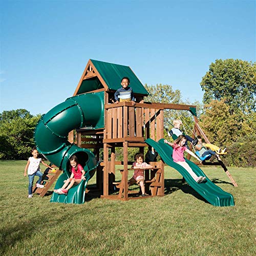 Swing-N-Slide WS 8359 Tellico Terrace Wood Swing Set with Two Slides, Climbing Wall & Swings, Brown