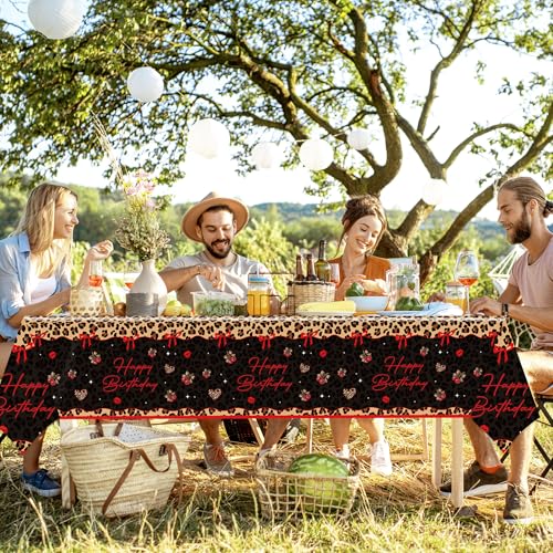 4 Pcs Cheetah and Cherry Birthday Tablecloths, Red and Black Leopard Print Disposable Plastic Table Cover for Bridal Shower Bachelorette Birthday Party Supplies, 54 x 108 Inches - color: Red Cherry