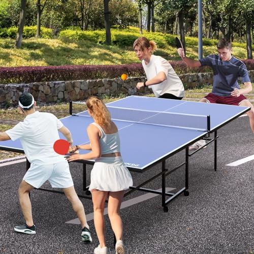 4FT/6FT/8FT/9FT Folding Rolling Table Tennis Table Regulation Ping Pong Table with 2 Paddles 3 Balls 1 Net and Post Set Fold-Up Design 4 Wheels for Easy Movement - size: 9 Ft