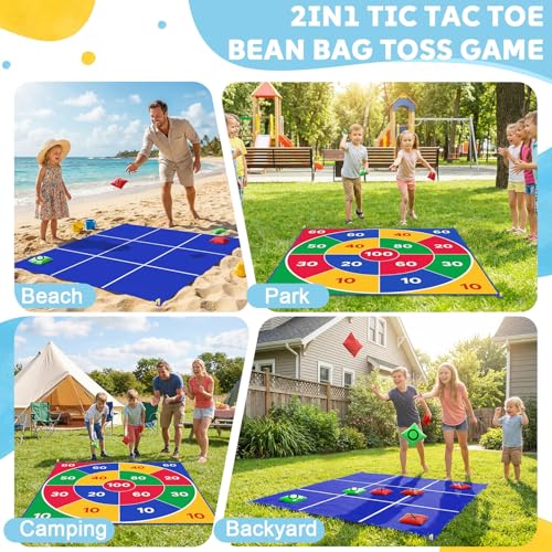 2-in-1 Giant Tic Tac Toe Game Bean Bag Toss Games, 4.5FT Double-Sided Large Tic Tac Toe Game with 10 Pcs Bean Bags, Outdoor Games for Adults and Family Lawn Yard Carnival Field Day Party - color: Colorful