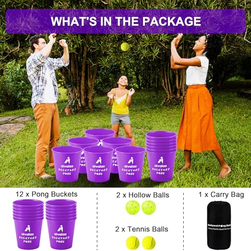 Aivalas Yard Pong Outdoor Games, Giant Yard Games Set with 12 Buckets and Balls for Adults and Family, Toss Game Throwing Games for Beach, Camping, Lawn and Backyard - color: Purple