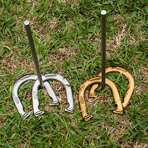 Champion Sports Horseshoe Set: Traditional Outdoor Lawn Game includes Four Professional Solid Steel Horseshoes with Solid Steel Stakes & Carrying Storage Case - style: Deluxe Set