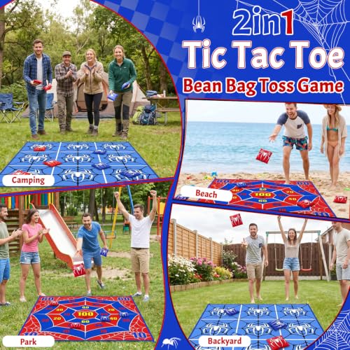 2-in-1 Giant Tic Tac Toe Game Bean Bag Toss Outdoor Games, 4.5FT Spider Tic Tac Toe Game with 10 Pcs Bean Bags, Outside Games for Adults and Family Lawn Yard Carnival Field Day Camping Party - color: Red Blue