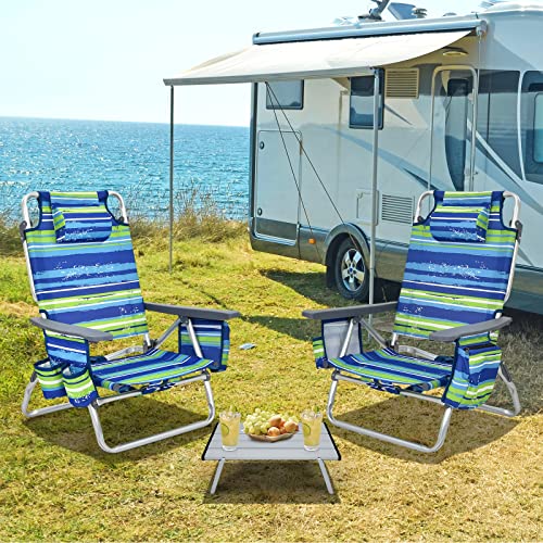 Tangkula Backpack Beach Chair with Table, 5-Position Lay Flat Beach Chairs with Cooler Bag, 2 Cup Holders, Towel Bar, Lightweight Low Folding Beach Chair with Backpack Straps - color: Blue, style: 2 Pack with Table