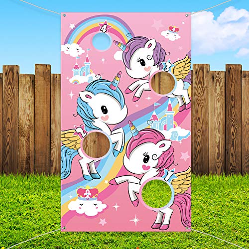 Blulu Unicorn Bean Bag Toss Game for Kids Outdoor Toys Unicorn Toss Game Banner with 3 Nylon Bean Bags Birthday Party Game Backyard Yard Activities for Toddler Birthday Gift for Girls