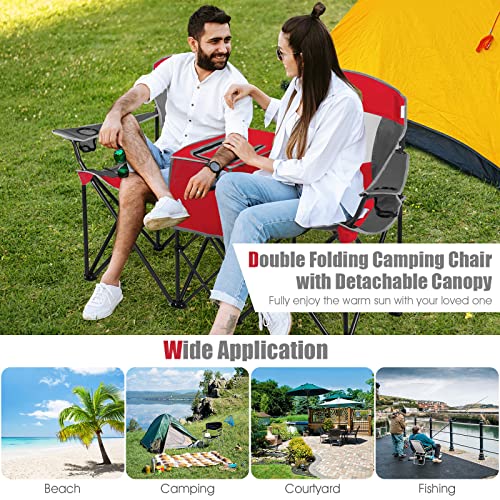 S AFSTAR Double Camping Chair w/Shade Canopy, 2-Person Folding Camp and Beach Chair with Mini Table Beverage Cup Holder Carrying Bag, Collapsible Camping Chairs for Garden Patio Pool Beach - color: Red