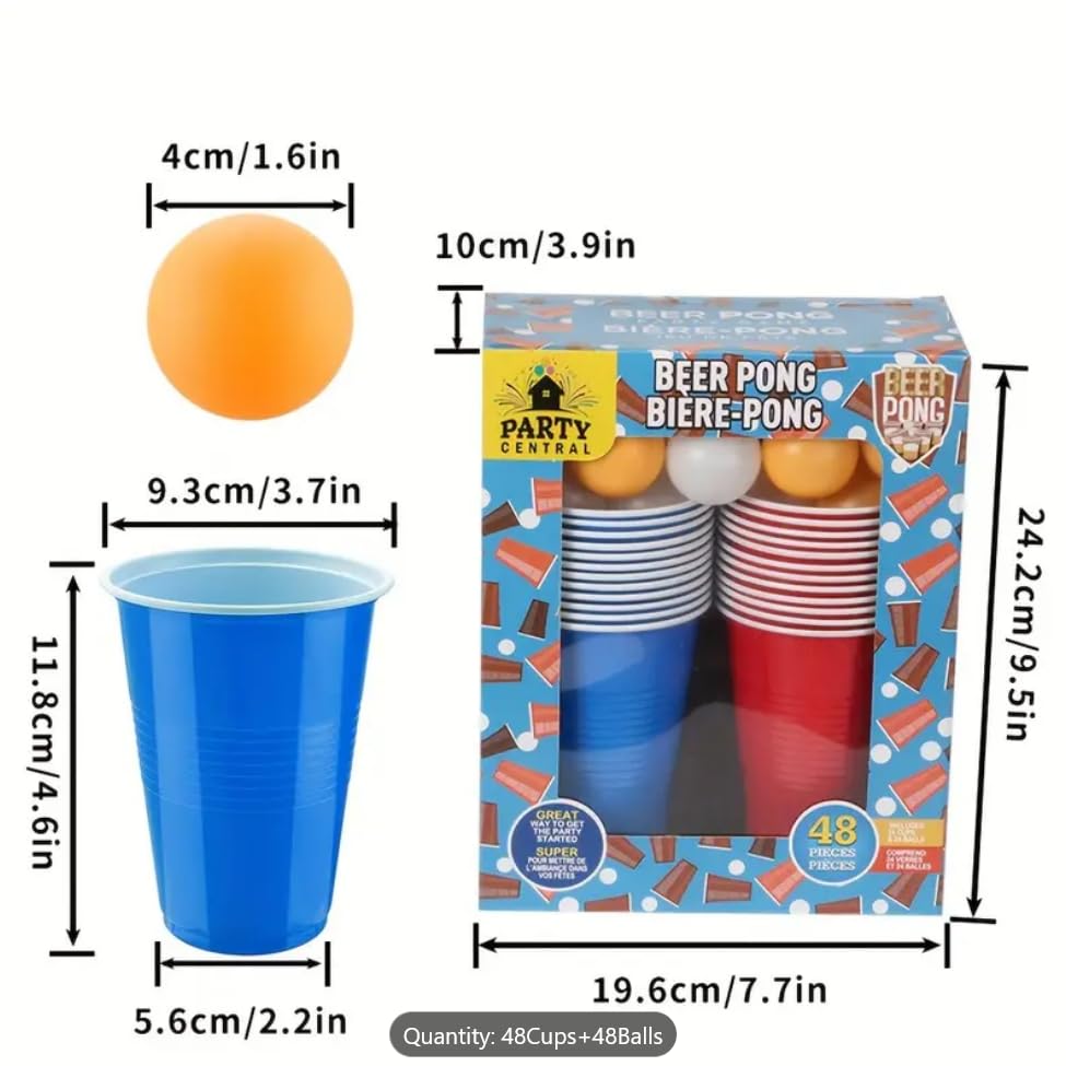 Beer Pong Game Set, 48 Pieces, 24 Red and Blue Reusable Cups with 24 Balls