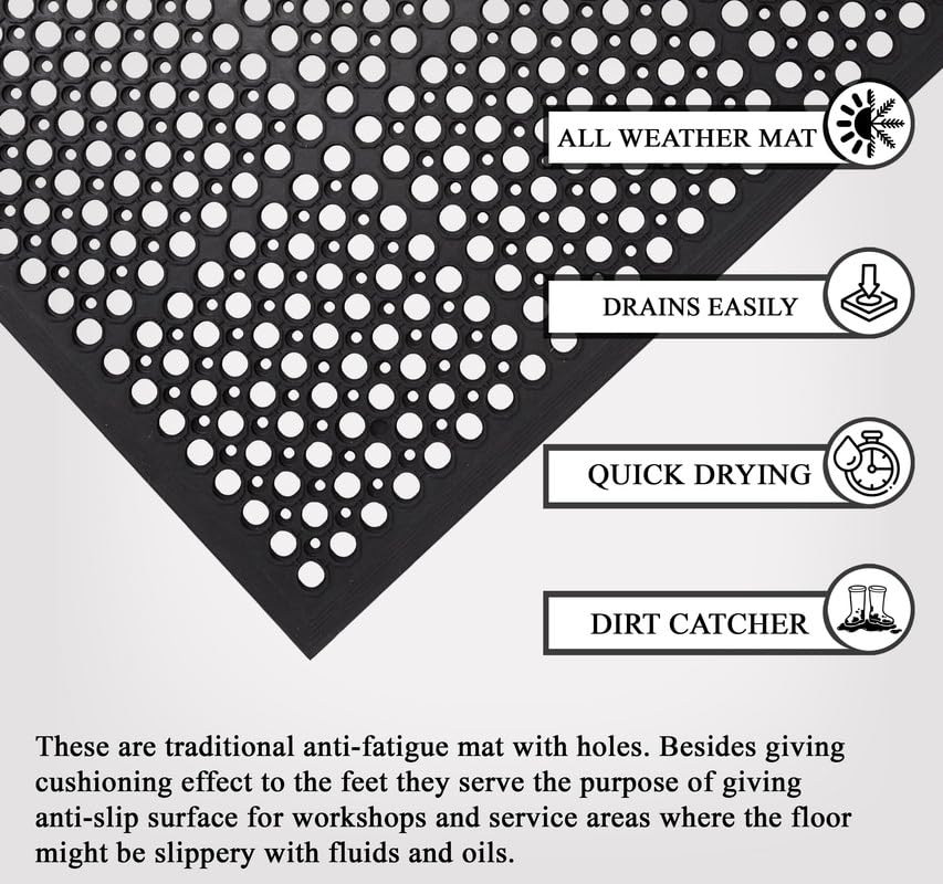 A1HC New All Purpose Anti Fatigue Versatile Rubber Floor Non-Slip Mat with Drain Holes, Perfect as Workplace Mat, Restaurant Kitchen Mat, Commercial Utility Garage Floor Mat - 32" x 47" (3 Pack) - size: 3 Pack - 47"L x 32"W x 0.6"Th