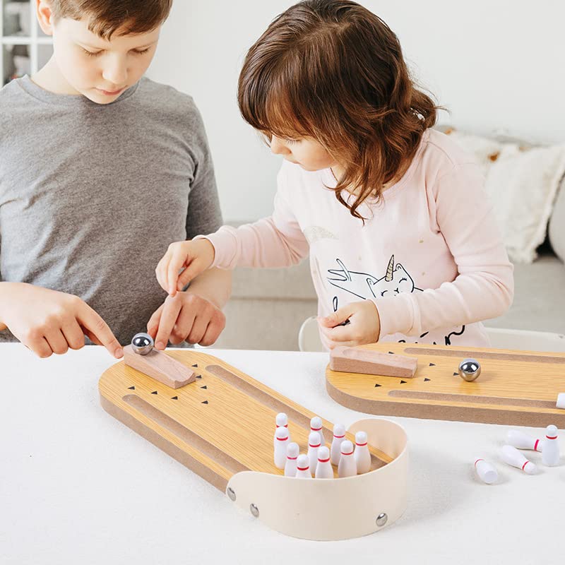 Wooden Mini Desktop Bowling Game Set with Pins and Ball | Stress-Relieving Play, Tabletop Size, Includes 10 Pins, Steel Ball Included, Kids & Adults