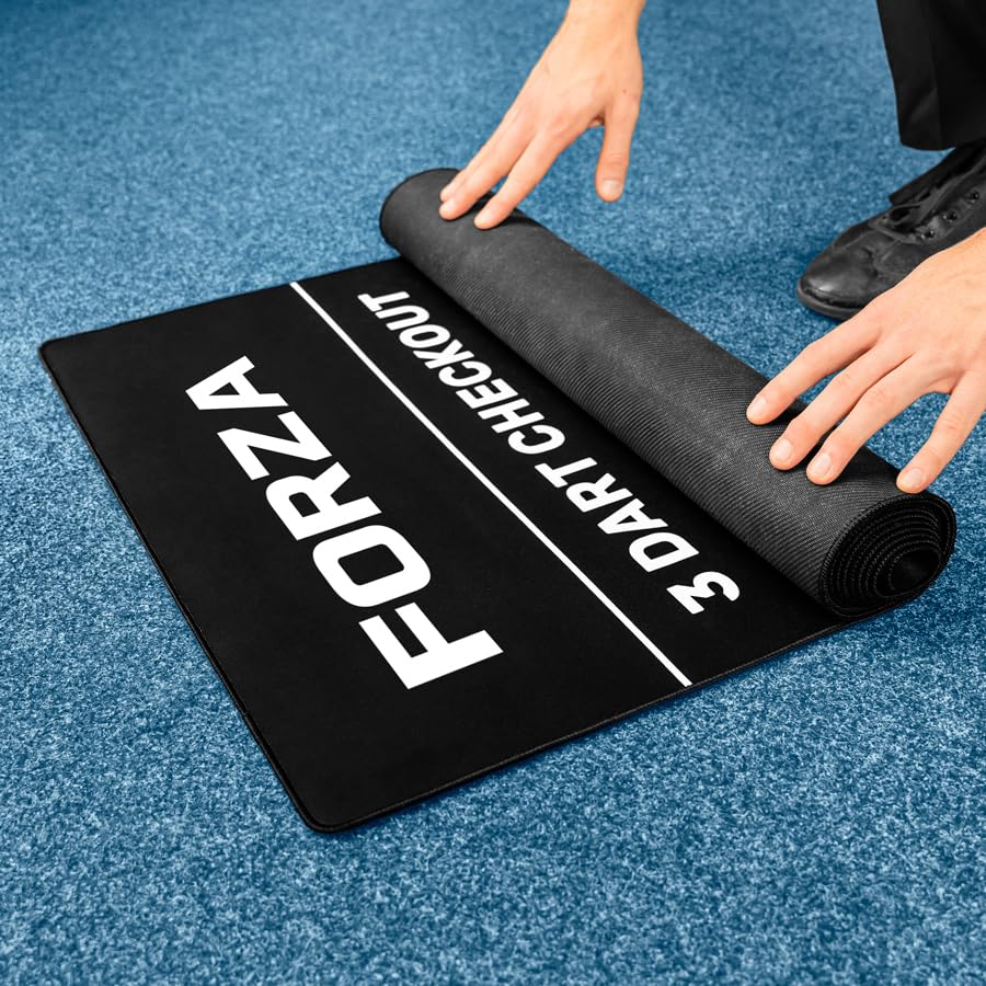 FORZA Darts Checkout Mat | Official Throw-Line & 2-/3-Dart Checkout Chart – Premium Polyester Surface with Non-Slip Rubber Base – Full-Length Floor Mat 94.5in x 24in for Home, Pub or Club Use