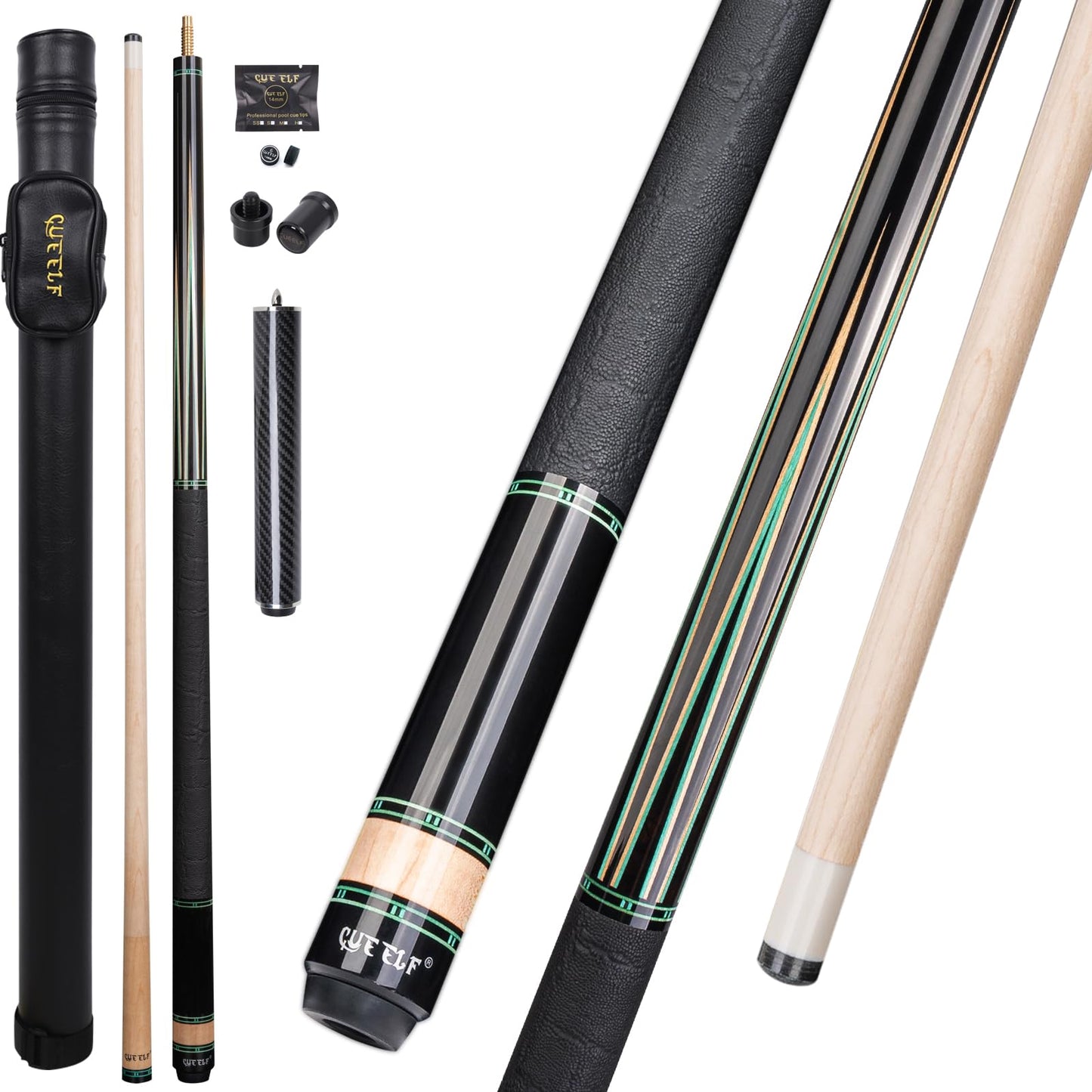 CUEELF Professional Pool Cue Stick – Handmade, Low Deflection | Solid Brass Joint Low Deflection Shaft 12.5mm Pro Tip & Inlay Ring Leather Non-Slip Wrap Precision Balanced - color: CJ-SH-01