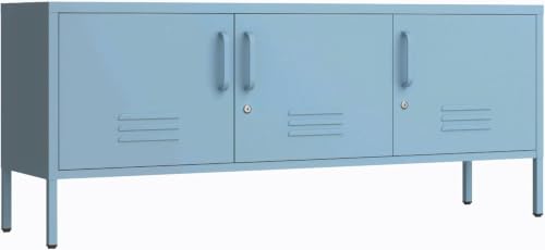 3 Door TV Standwith Storage Locke Metal TV Cabinet with 2-Tier Multi-Purpose Lockable Wide Storage Cabinet, Media Console Table with Metal Legs for Living Room, Bedroom,Office,Blue - color: Blue, style: TV Cabinet-22"H-DS