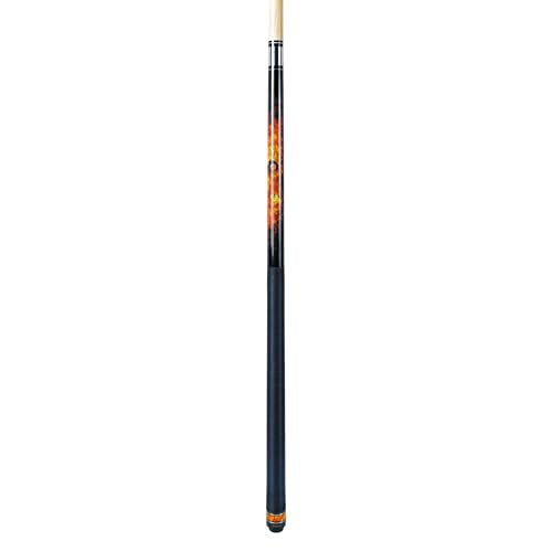 ASKA Fireball 2-Piece Pool Cue Stick, 58", 19oz, Hardrock Maple Shaft, 12.75mm Hard Leather Tip, Unique Fireball Graphic Overlay, Black Irish Linen Wrap and Marbleized Orange Swirl Ring Accent.
