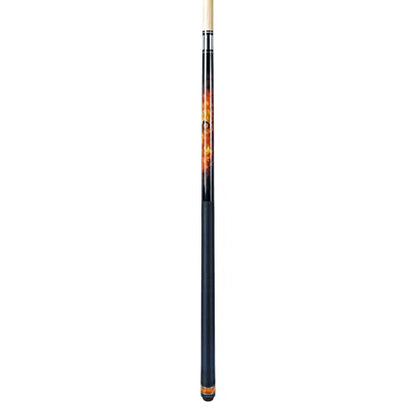 ASKA Fireball 2-Piece Pool Cue Stick, 58", 19oz, Hardrock Maple Shaft, 12.75mm Hard Leather Tip, Unique Fireball Graphic Overlay, Black Irish Linen Wrap and Marbleized Orange Swirl Ring Accent.