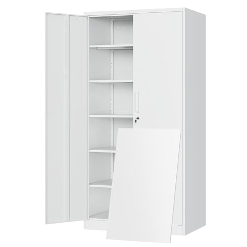 Yizosh Metal Storage Cabinet with Locking Doors and 5 Adjustable Shelves,- 72" Garage Storage White Steel Lockable File Cabinet for Office,Home,Garage - color: White, size: 72"H x 36"W x 18"D