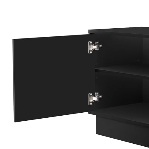 HABITRIO4-Door Wave Design Storage Cabinet with Adjustable Shelves and LED Accent Lighting, Wooden Display Cabinet for Living Room, Bedroom, Home Office, Space-Saving, Black - color: Black