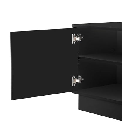 HABITRIO4-Door Wave Design Storage Cabinet with Adjustable Shelves and LED Accent Lighting, Wooden Display Cabinet for Living Room, Bedroom, Home Office, Space-Saving, Black - color: Black
