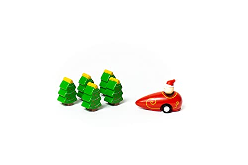 Jack Rabbit Creations Santa Bowling Game 6 Piece Wooden Playset- Includes Christmas Tree Shaped Pins and Pull-Back Sled Car- Develops Hand Eye Coordination & Motor Skills- Kids 3+