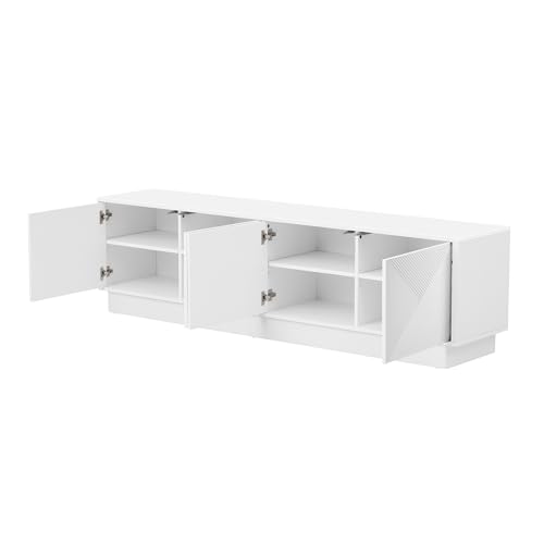 4-Door Wave Design Storage Cabinet with Adjustable Shelves and LED Accent Lighting, Wooden Display Cabinet for Living Room, Bedroom, Home Office, Space-Saving, White - color: White