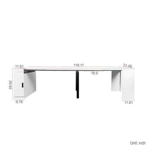 24"-118" Extendable Dining Table with Storage for 2-12 People, Modern Space-Saving Extra Long Wood Folding Table with USB & AC Outlets, Multifunctional Conference Meeting Table, White Marble - color: White Marble, style: 24" - 118.5" (2-12 People)
