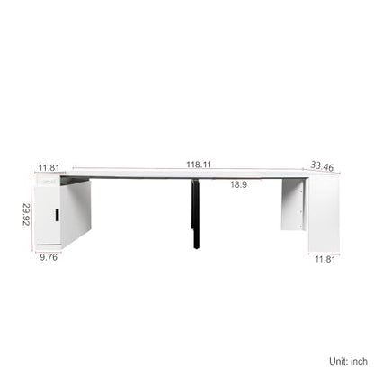 24"-118" Extendable Dining Table with Storage for 2-12 People, Modern Space-Saving Extra Long Wood Folding Table with USB & AC Outlets, Multifunctional Conference Meeting Table, White Marble - color: White Marble, style: 24" - 118.5" (2-12 People)