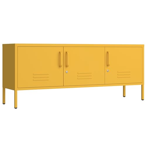 3 Door TV Standwith Storage Locke Metal TV Cabinet with 2-Tier Multi-Purpose Lockable Wide Storage Cabinet, Media Console Table with Metal Legs for Living Room, Bedroom,Office,Yellow - color: Yellow, style: TV Cabinet-22"H-DS