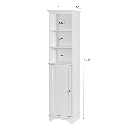 Spirich Tall Narrow Bathroom Storage Cabinet, Slim Linen Tower Cabinet | 3 Open shelves and Adjustable Interior Shelf, Space-saving, Freestanding, Engineered Wood, White, Perfect for Tight Corners