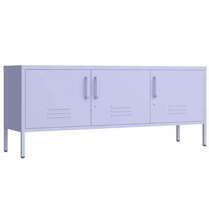 3 Door Lockable Metal TV Stand Storage Cabinet with Accent Cabinet Locker, Wide Heavy Duty Media Console for Large 100+ Inch TVs, Home Office Entertainment Center, Purple 22"H X 47.3"W X 13.8"D - color: Lilac, style: TV stand-22"H-LM