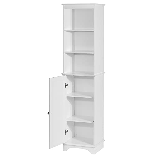 Spirich Tall Narrow Bathroom Storage Cabinet, Slim Linen Tower Cabinet | 3 Open shelves and Adjustable Interior Shelf, Space-saving, Freestanding, Engineered Wood, White, Perfect for Tight Corners