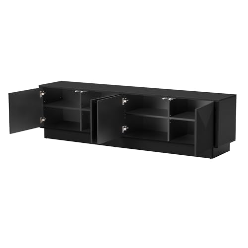 HABITRIO4-Door Wave Design Storage Cabinet with Adjustable Shelves and LED Accent Lighting, Wooden Display Cabinet for Living Room, Bedroom, Home Office, Space-Saving, Black - color: Black