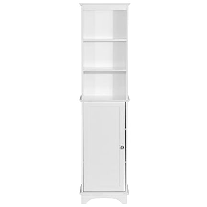 Spirich Tall Narrow Bathroom Storage Cabinet, Slim Linen Tower Cabinet | 3 Open shelves and Adjustable Interior Shelf, Space-saving, Freestanding, Engineered Wood, White, Perfect for Tight Corners