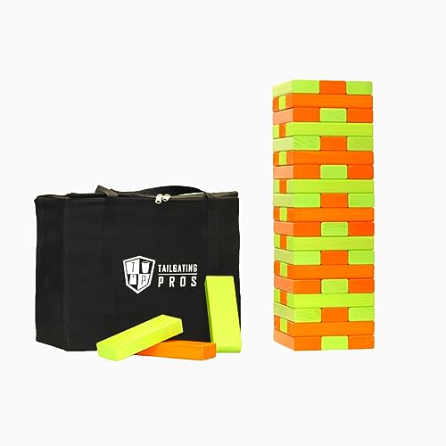 Tailgating Pros Giant Toppling Towers Wooden Blocks Game with Tote Jumbo Indoor Outdoor Yard & Backyard Lawn Game for Family & Adults, Portable Party & Team Building Fun - color: Orange/Lime