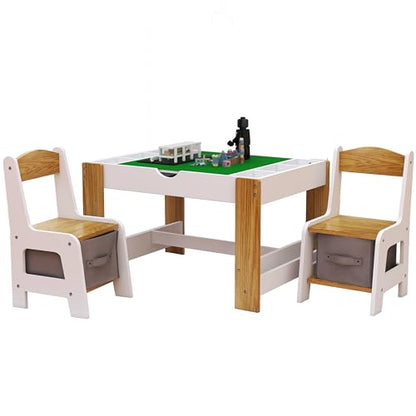 3 in 1 Play Table & 2 Chairs Set, Gaming Table with 7 Storage Compartments Compatible with LEGO Building Block, Modern Activity Learning Table Game Furniture, White+Green - size: 32''×23'' with chairs set
