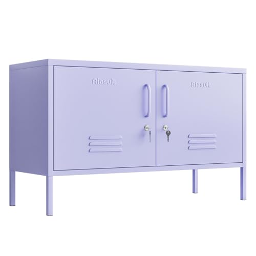 2 Door Metal TV Stand Media Console for Large TV, 2-Tier Multi-Purpose Lockable Wide Storage Cabinet, Industrial Accent Cabinet for Home, Office, Entryway, Hallway - color: Lilac