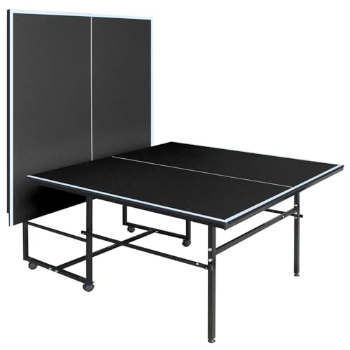 IUNNDS Portable Table Tennis Table 6/8/8.5/9FT Foldable Ping Pong Game Set for Indoor with Net and Post Set, 2 Paddles and 3 Balls - color: Black-9x4.1FT