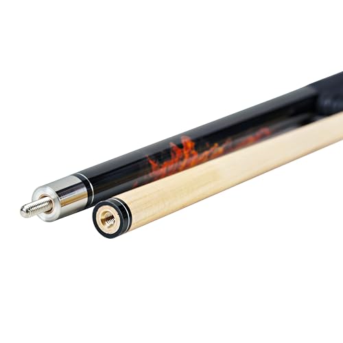 ASKA Fireball 2-Piece Pool Cue Stick, 58", 19oz, Hardrock Maple Shaft, 12.75mm Hard Leather Tip, Unique Fireball Graphic Overlay, Black Irish Linen Wrap and Marbleized Orange Swirl Ring Accent.