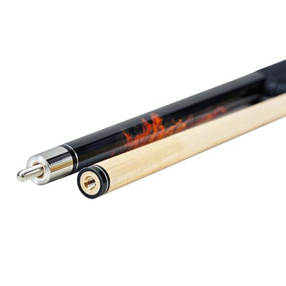 ASKA Fireball 2-Piece Pool Cue Stick, 58", 19oz, Hardrock Maple Shaft, 12.75mm Hard Leather Tip, Unique Fireball Graphic Overlay, Black Irish Linen Wrap and Marbleized Orange Swirl Ring Accent.