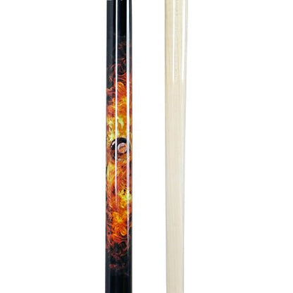 ASKA Fireball 2-Piece Pool Cue Stick, 58", 19oz, Hardrock Maple Shaft, 12.75mm Hard Leather Tip, Unique Fireball Graphic Overlay, Black Irish Linen Wrap and Marbleized Orange Swirl Ring Accent.