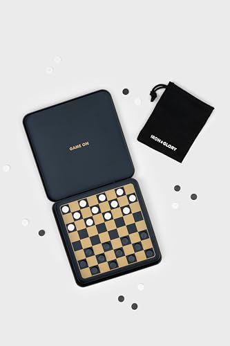 Iron & Glory Magnetic Travel Checkers Set Durable Tin Case with Secure Magnetic Pieces, Compact & Portable Board Game Family Strategy Game with Carry Pouch for Easy On-The-Go Fun, Ideal Novelty Gift - color: Travel Checkers