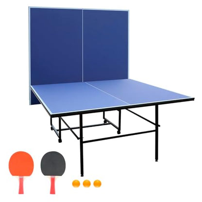 9FT Ping Pong Table Rolling Foldable Table Tennis Table for with Net, Table Tennis Paddles and Balls, Multi-Use Family Game Table for Teenager Adult, Folded with Single Player Playback Mode