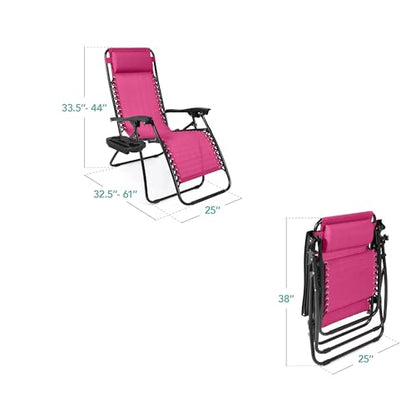 Best Choice Products Set of 2 Adjustable Steel Mesh Zero Gravity Lounge Chair Recliners w/Pillows and Cup Holder Trays - Hot Pink/Black - color: Hot Pink, size: Standard