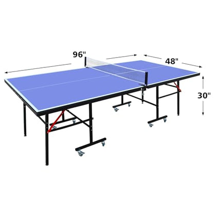 Ping Pong Table Foldable Indoor 8/8.5/9FT Single Player Playback Mode Game Set with Paddles and Balls - color: Blue-8x4FT-Wheels
